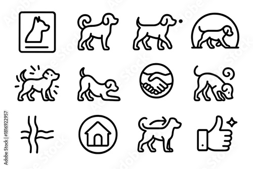 Pet Interaction Icons. Pet Interaction Dynamics linear icon set: body-language cue card, relaxed tail curl, focus gaze mark, friendly approach arc, stress-relief shake, adaptive