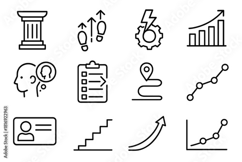 Professional Development Icons. Professional Development Collection linear icon set: capability pillar, guided steps, skill enhancement spark, steady rhythm bar, reflective moment