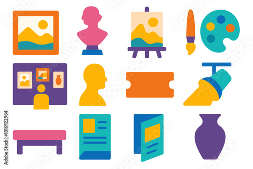 Modern Art Icons. Art exhibitions flat icon set: picture frame, sculpture, easel, paintbrush, color palette, gallery wall, visitor silhouette, ticket, spotlight, bench, brochure