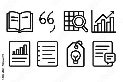 Research Icon Set. Research Documentation linear icon set: open book, citation mark, research grid, magnifying glass, data chart, analysis sheet, study notes, insight tag
