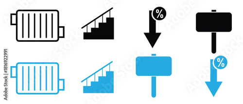 Minimal line icon set of radiator, staircase, discount sign, and downward arrow in black and blue styles.