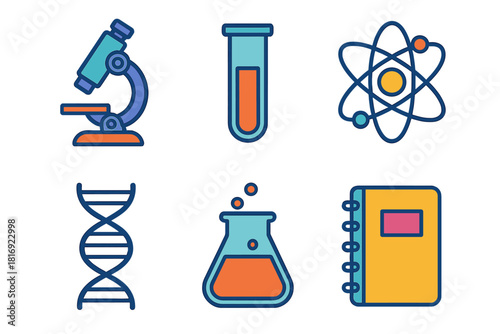 Science Icons Collection. Science Learning flat icons set. microscope, test tube, atom, DNA strand, beaker, lab notebook