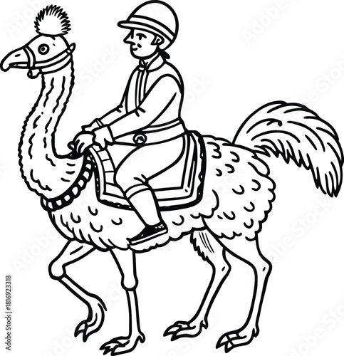 Whimsical line art shows a rider astride a quirky bird, perfect for storybooks and creative projects, adding a touch of fantasy and imagination to any design