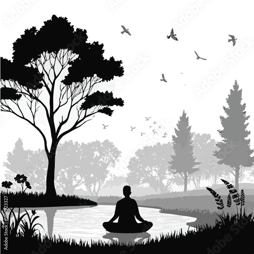 Silhouette of a person meditating by a misty river with trees and birds meditation yoga