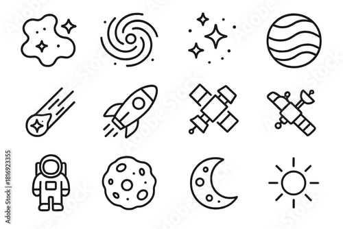 Celestial Icon Compilation. Astronomy Nebula linear icon set. nebula, galaxy, star cluster, planet, comet, rocket, telescope, satellite, astronaut, asteroid, moon, glowing light.