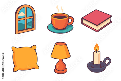 Cozy Room Icons. Relaxed Atmosphere flat icons set. window view, tea cup, book, pillow, warm light, candleholder