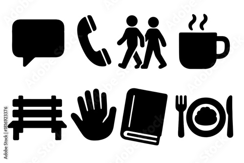 Companionship Icons Set. Everyday Companionship silhouette icon set. chat bubble, phone call, walking pair, coffee cup, park bench, waving hand, book, shared meal