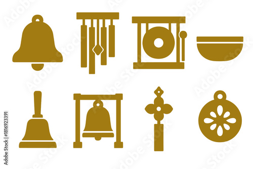 Brutalist Bell Icons. Golden chime silhouette icon set : bell, wind chime, gong, singing bowl, handbell, temple bell, hanging ornament, metal charm