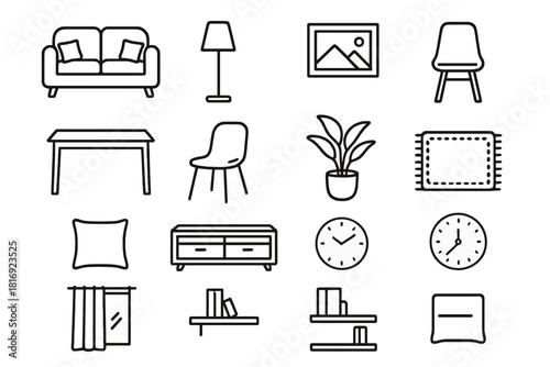 Contemporary Interior Icons. Contemporary interiors linear icon set: sofa, lamp, desk, chair, floor plant, rug, framed picture, cushion, TV stand, clock, curtain, shelf