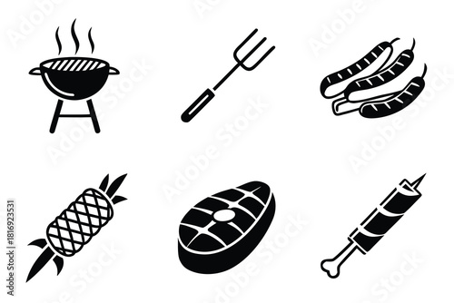 Minimalist barbecue grill icons set in black