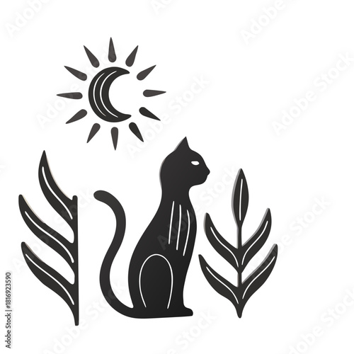Vector black and white illustration of a cat with plants for crafting.