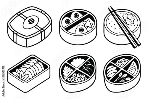Minimalist bento lunch box icon set black and white
