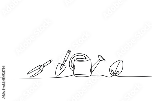 Minimalist line art illustration of gardening tools and a leaf