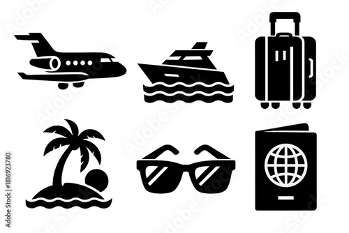 Luxury Travel Icons. Exclusive Travel silhouette icon set. private jet, yacht, luggage, tropical island, sunglasses, passport