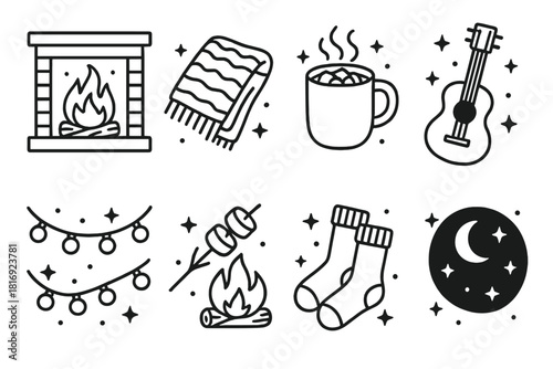 Cozy Fireplace Night. Fireplace Evenings Festival linear icon set. crackling fire, cozy blanket, hot cocoa mug, acoustic guitar, string lights, marshmallow stick, wool socks