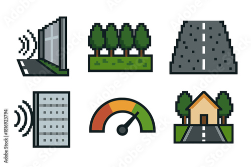 Urban Sound Management Icons. Urban Sound Management pixel style icon set: reflective baffle, green buffer strip, low-noise pavement, airflow noise screen, ambient tone gauge