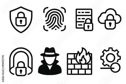Digital Privacy Icons. Digital Privacy Symbols linear icon set: shield lock, fingerprint scan, data encryption, secure cloud, VPN tunnel, anonymous user, firewall icon, privacy