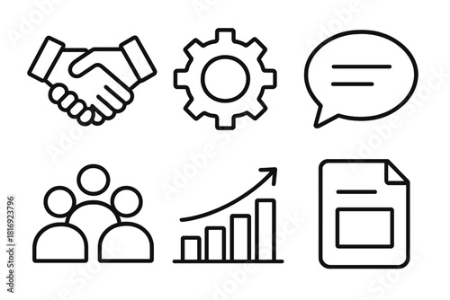 Icons of Team Collaboration. Collaborative Process linear icon set. handshake, gear, chat bubble, group, chart, document
