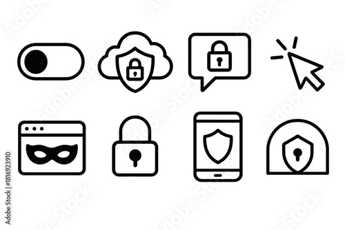 Digital Security Icons. Secure Digital Habits linear icon set: privacy toggle, shielded cloud, encrypted message, cautious cursor, masked tab, secure padlock, safe device
