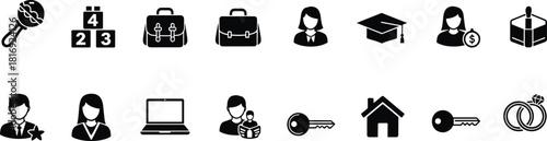 Linear Timeline of Life Stages and Milestones Illustrated with Black Icons for Education, Career, Family, and Home Ownership