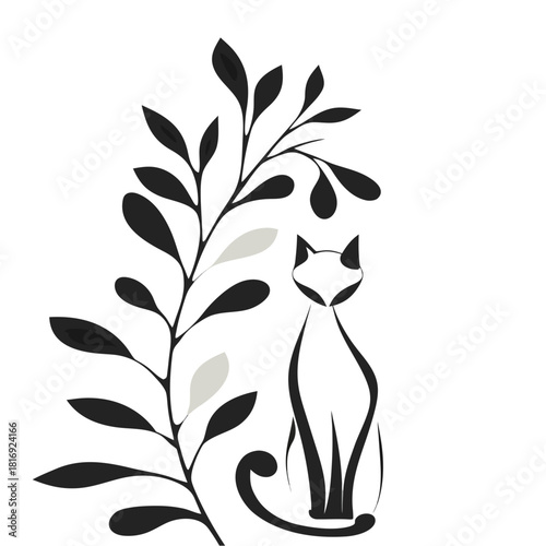 Vector black and white cat design with leaves