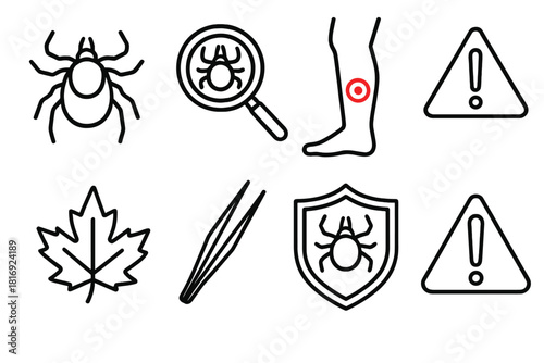 Tick Protection Icons. Tick danger concept linear icon set: tick, magnifying glass, human leg, red mark, forest leaf, tweezers, shield, warning
