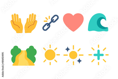Forgiveness Icon Set. Forgiveness Icons Set flat icon set: open hands, broken chain, soft heart, gentle wave, cleared path, calm glow, release dove, healing spark