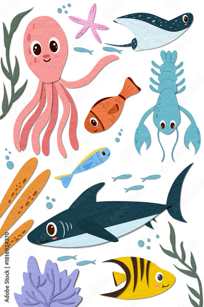 Fototapeta premium Cute marine animal doodle illustrations for decoration and nursery wall art