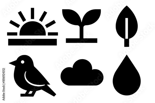 Brutalist Nature Icons. New Hope silhouette icon set. Sunrise, Sprout, Leaf, Bird, Cloud, Water Droplet.