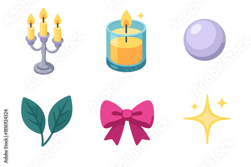 Luxurious Candle Icons. Luxurious Candle Decor flat icons set. silver stand, candles in glass, pearl detail, foliage, bow, light reflection