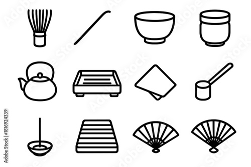 Traditional Tea Utensils. Traditional tea tools linear icon set: bamboo whisk, tea scoop, ceramic bowl, tea caddy, kettle, tray, napkin, ladle, cup, incense, tatami mat, folding