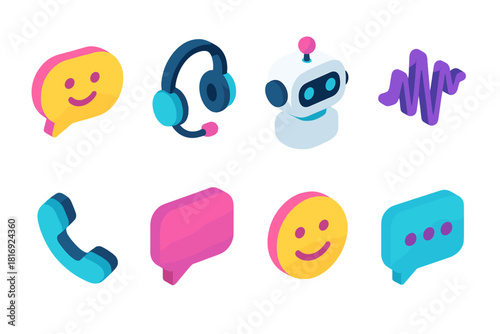 Virtual Assistance Icons. Virtual Assistance flat icon set: chatbot bubble, headset, AI robot, speech wave, phone icon, text message, smile icon, typing dots