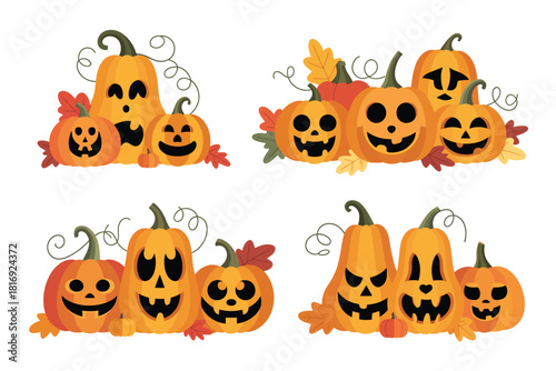 Four playful arrangements of carved jack o lantern pumpkins with autumn leaves