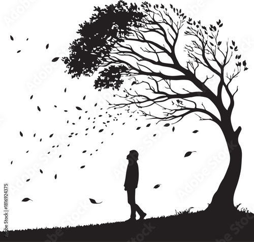 Silhouette of a person standing under a bare tree with falling leaves on a white background autumn