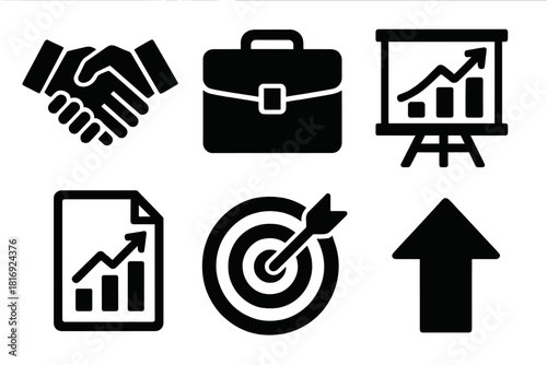 Bold Business Icons. Business persuasion silhouette icon set: handshake, briefcase, chart board, document chart, target board, upward arrow