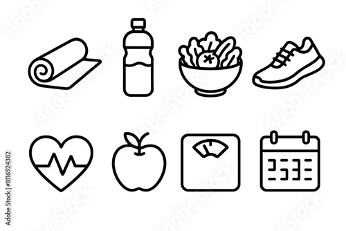Healthy Lifestyle Icons. Healthy Habits linear icon set. yoga mat, water bottle, salad bowl, sneakers, heart pulse, apple, weight scale, calendar