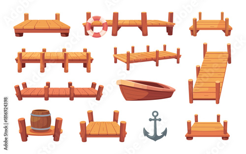 Collection of wooden docks piers and nautical elements