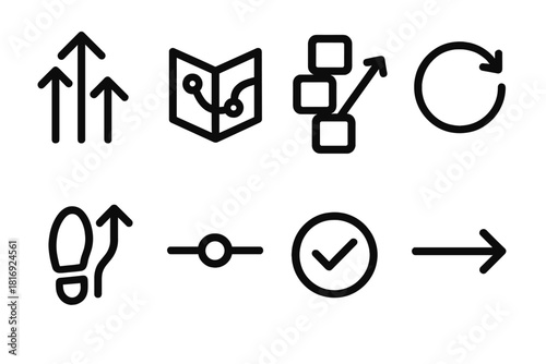 Productivity Icons Set. Productivity Tools Ecosystem Actions linear icon set: prioritize arrows, plan map, sort blocks, refine loop, track steps, adjust slider, confirm mark