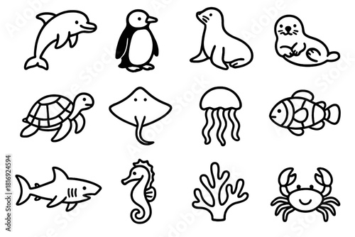 Aquatic Zoo Icons. Aquatic zoo life linear icon set. dolphin, penguin, sea lion, otter, turtle, stingray, jellyfish, clownfish, shark, seahorse, coral, crab