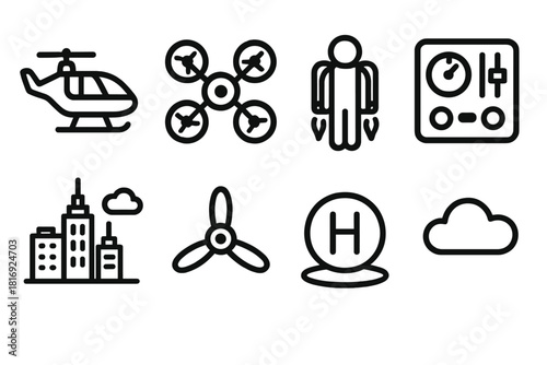 Urban Air Mobility Icons. Urban Air Travel linear icon set: air taxi, drone, jetpack, control panel, skyline, propeller, pad, cloud