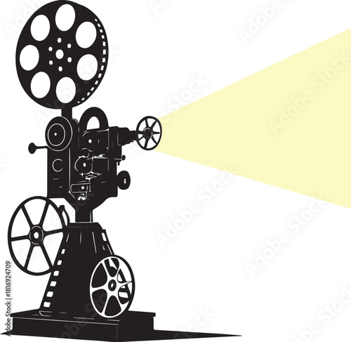 Silhouette of a vintage film projector casting a light beam movie