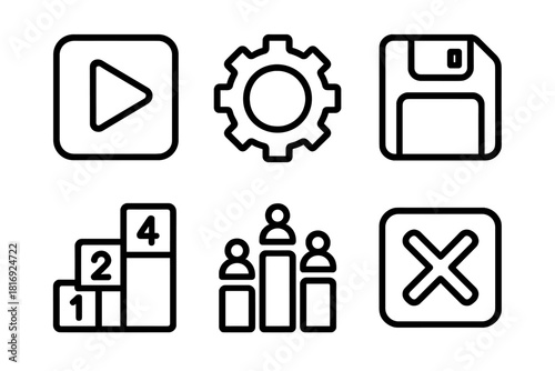 Game Menu Icons. Game Menus linear icon set: play button, settings icon, save file, level selector, leaderboard, exit symbol