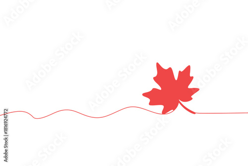 Single red maple leaf silhouette on a wavy line against white background