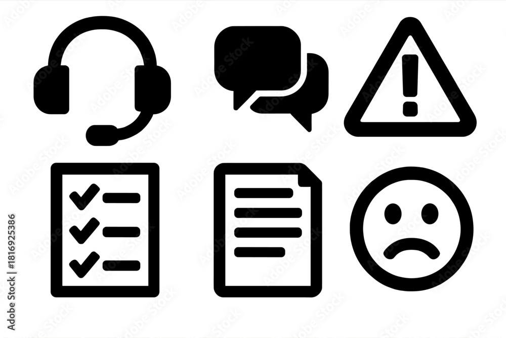 Fototapeta premium Brutalist Icon Set. Customer complaint handling silhouette icon set. headset, chat bubbles, warning triangle, checklist, document, smile icon.