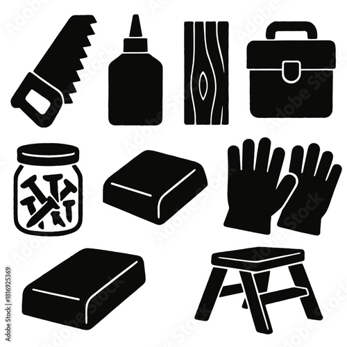 DIY Tools Icon Set. DIY Home Improvement silhouette icon set. saw, glue bottle, wooden plank, toolbox, nails jar, sanding block, safety gloves, step stool