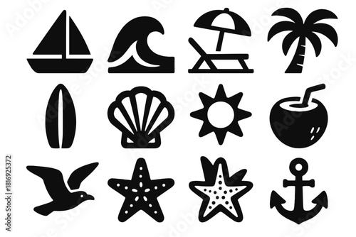 Coastal Icon Set. Coastal Escape silhouette icon set: sailboat, wave, beach chair, umbrella, palm tree, surfboard, shell, sun, coconut, seagull, starfish, anchor