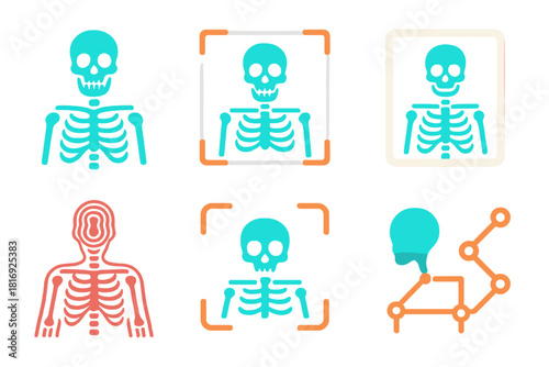 X-ray Icon Collection. X-ray themes flat icon set: skeletal silhouette, transparent layer, contour lines, examination frame, illuminated panel, focus bracket, soft glow shape