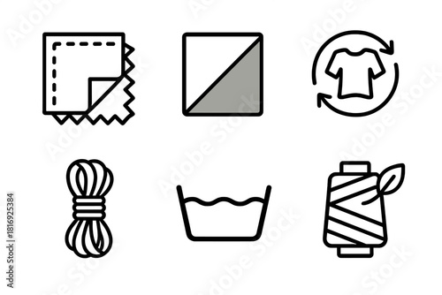 Eco Textile Symbols. Eco-Friendly Textile Use linear icon set: reclaimed fabric piece, earth-tone swatch, textile reuse icon, organic fiber rope, gentle wash bowl, eco thread spool