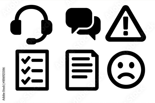 Brutalist Icon Set. Customer complaint handling silhouette icon set. headset, chat bubbles, warning triangle, checklist, document, smile icon.