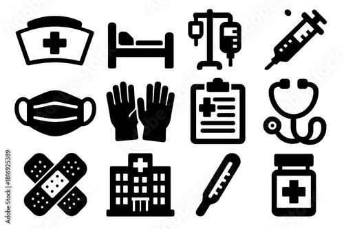 Brutalist Hospital Icons. Hospital Nursing silhouette icon set. nurse cap, bed, IV stand, syringe, mask, gloves, chart, stethoscope, bandage, hospital building, thermometer